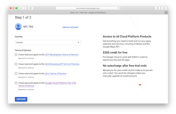 Google Cloud Platform Account - Step 1 of 2
