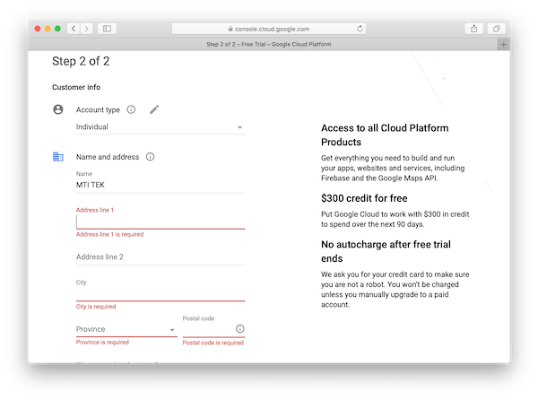 Google Cloud Platform Account - Step 2 of 2