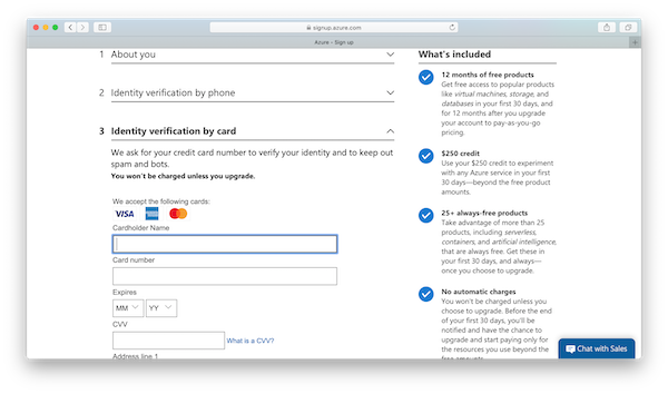 Microsoft Azure account - Identity verification by card