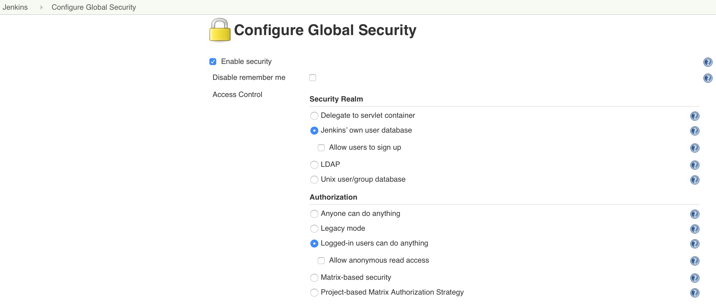 Configure Global Security: Enable security - Jenkins