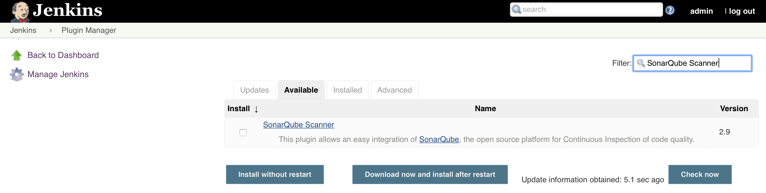 Manage Plugins - SonarQube Plugin